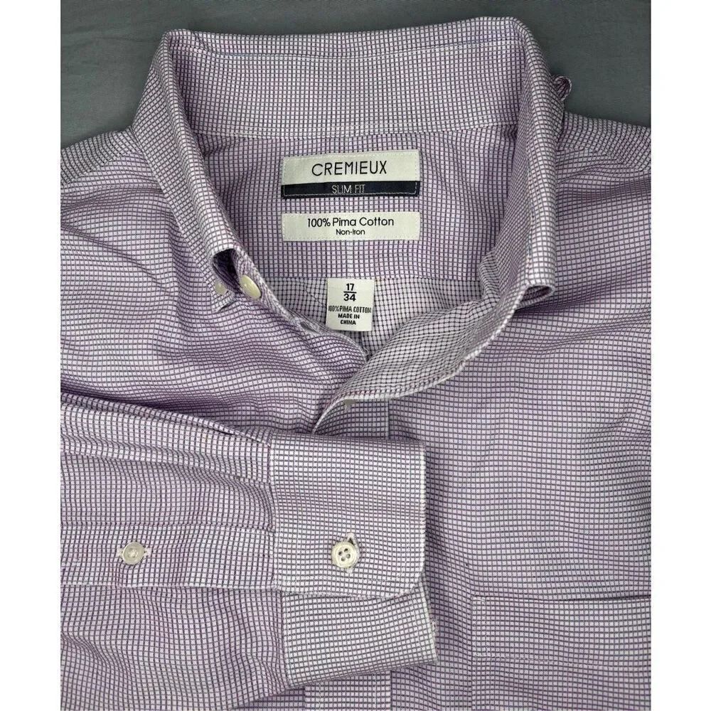 Cremieux Dress Shirt Mens 17 34 Large Purple Slim Fit Puma Cotton Long Sleeve